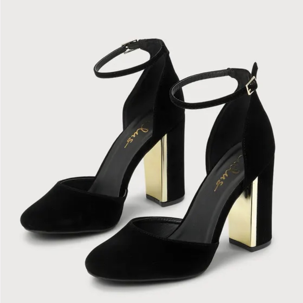 Lulus Laura Black Velvet Ankle Strap Heels block heel gold trim 11 new with box